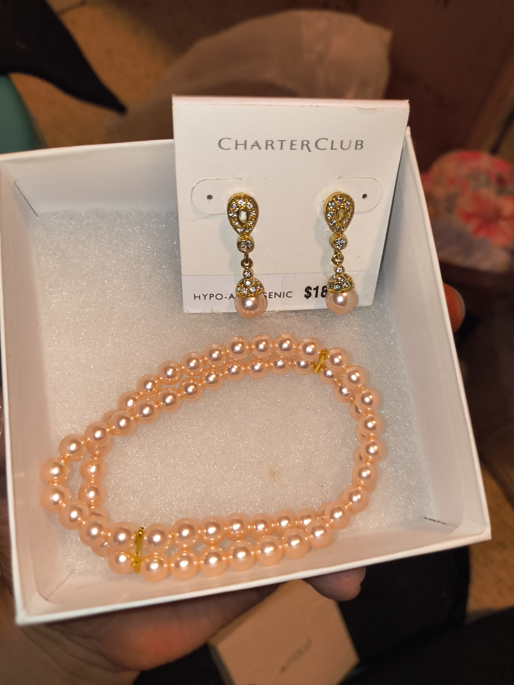 Charter Club Peach-Pink Pearl Drop Earrings with Matching Pearl Bracelet